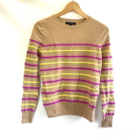 Banana Republic Striped 100% Cashmere Crew Neck Sweater Small Camel Brown - Picture 2 of 10
